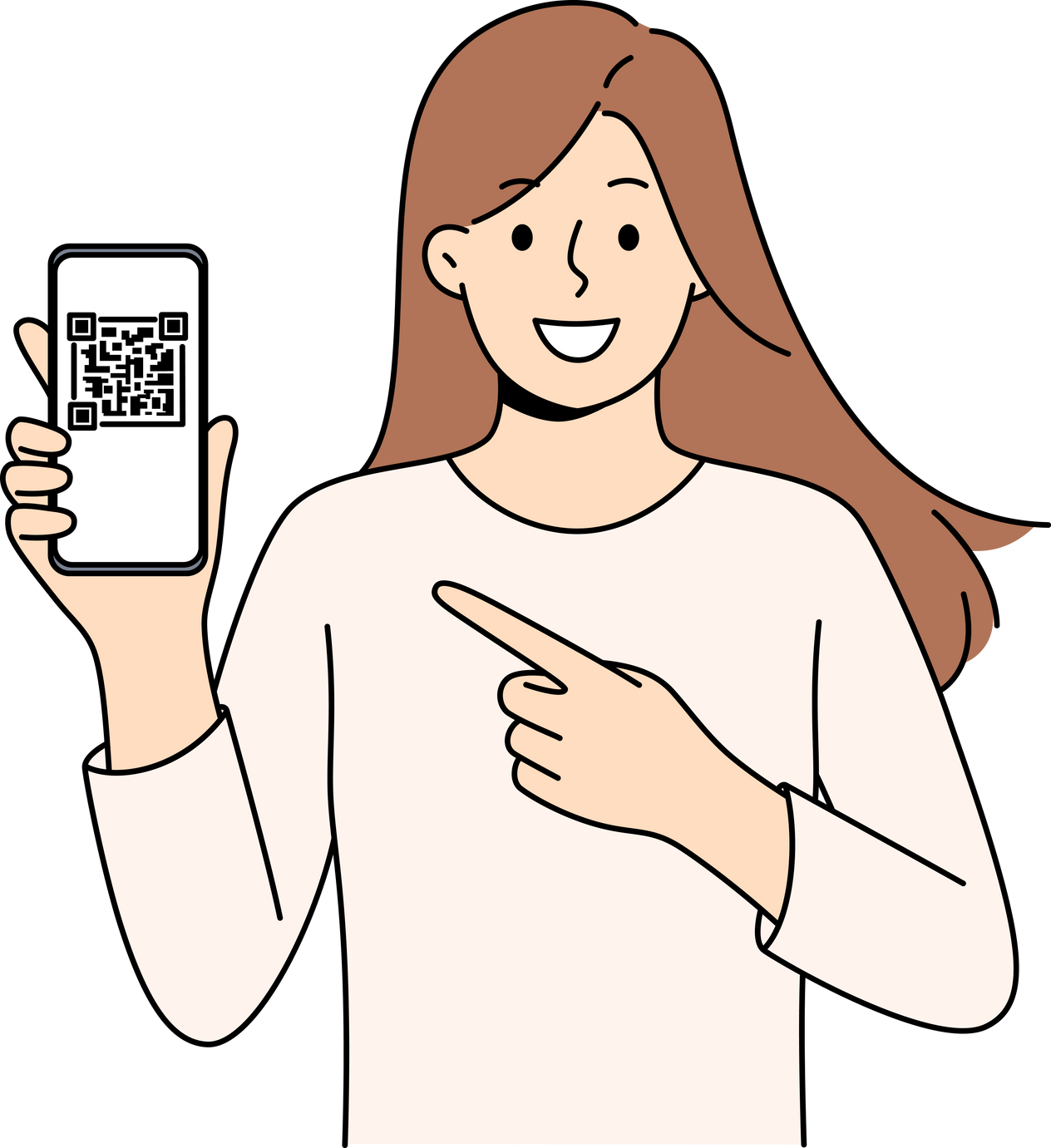 Woman holds phone demonstrating QR code for exchanging contacts or confirming online money transfer.