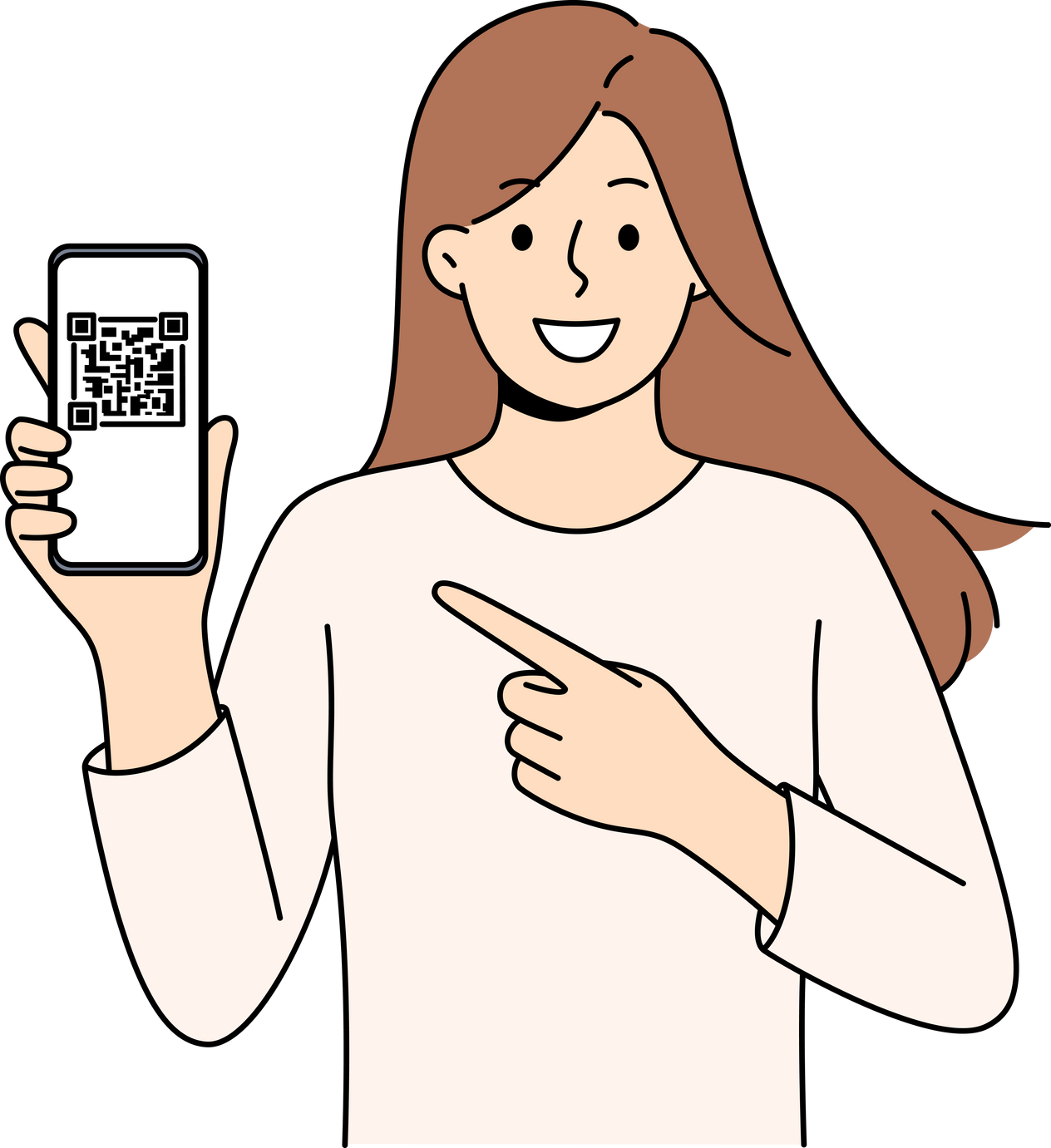 Woman holds phone demonstrating QR code for exchanging contacts or confirming online money transfer.